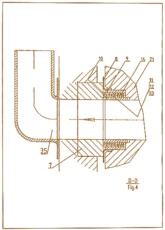 Figur 4, Verbrennungsraumes zwischen dem Ausgleichsring Schnittansicht gemäß Linie D-D in Figur 1 in vergrößerter Darstellung